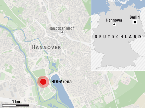 © Grafik: APA/Omniscale/OSM/ORF.at Karte zeigt HDI-Arena in Hannover