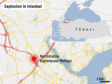© Grafik: Omniscale/OSM/APA/ORF.at Karte zu einer Explosion in Istanbul