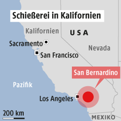 © Grafik: APA/ORF.at Karte von San Bernadino zeigt die Schauplätze der Schießerei