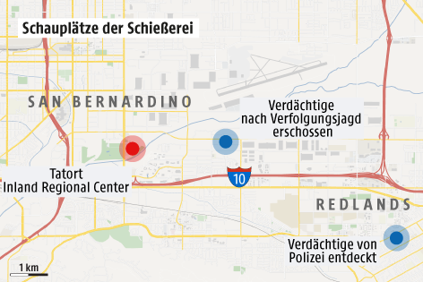 © Grafik: Omniscale/OSM/ORF.at; Quelle: APA/NY Times Karte von San Bernadino zeigt die Schauplätze der Schießerei