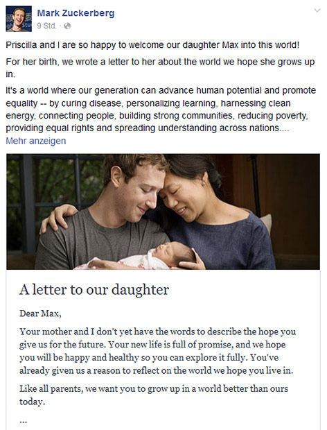 Screenshot eines Postings von Mark Zuckerberg auf Facebook
