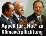 UNO-Generalsekretär Ban Ki Moon, der französische Präsident Hollande und der französische Außenminister Fabius