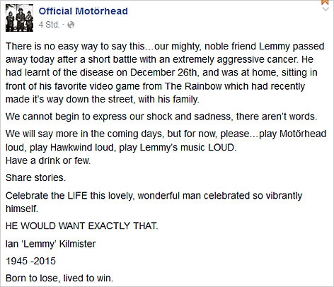 Stellungnahme vom Motörhead zum Tod Lemmy Kilmisters auf Facebook
