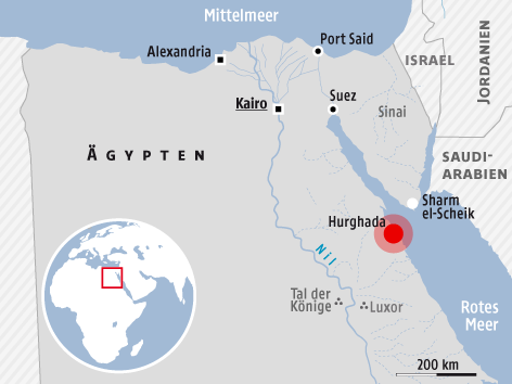 © Grafik: APA/ORF.at; Quelle. APA Eine Landkarte zeigt die Lage der Stadt Hurghada in Ägypten