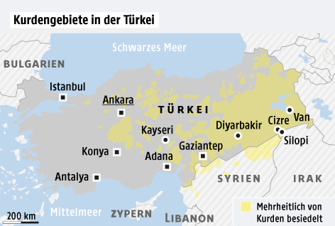 © Grafik: APA/ORF.at; Quelle: APA/IWF Eine Grafik zeigt Kurdengebiete in der Türkei