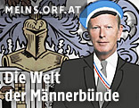 Montage des Gesichtes von &Ouml;VP-Chef Reinhold Mitterlehhner und einer gezeichneten M&auml;nnerfigur in Anzug vor Wappen