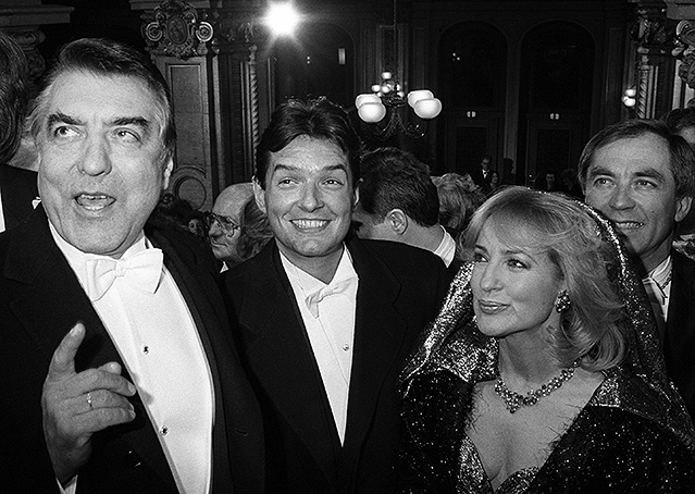 Der frühere Wiener Bürgermeister Helmut Zilk, Falco und Dagmar Koller (1986)
