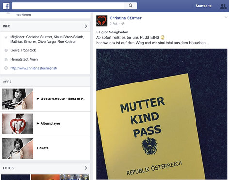 © Screenshot facebook.com/christinastuermer Screenshot der Facebook-Seite von Christina Stürmer zeigt die Verkündung ihrer Schwangerschaft