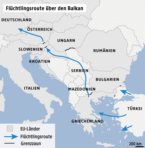 © Grafik: APA/ORF.at; Quelle: APA Karte zeigt Flüchtlingsroute über den Balkan