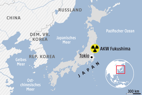 © APA/ORF.at Karte von Japan zeigt den Standort des AKW Fukushima