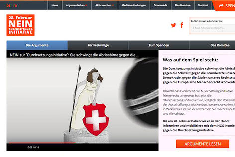 © Screenshot www.durchsetzungsinitiative-nein.ch/ Screenshot NEIN zur #Durchsetzungsinitiative!