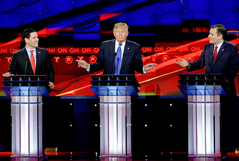 © APA/AP/David J. Phillip Republikanische US-Präsidentschaftskandidaten Rubio, Trump und Cruz
