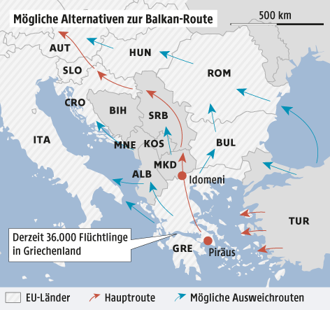 Eine Grafik zeigt alternative Flüchtlingsrouten zur Balkanroute