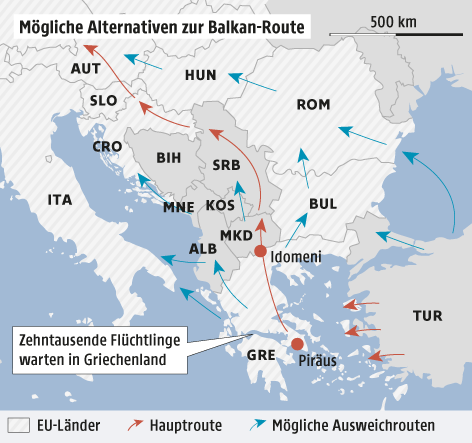 © Grafik: APA/ORF.at; Quelle: APA Eine Grafik zeigt alternative Flüchtlingsrouten zur Balkanroute