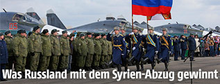 Russische Soldaten vor russischen Kampfjets