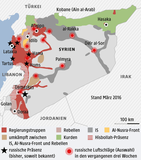 © Grafik: APA/ORF.at; Quelle: APA/ISW/NY Times Eine Grafik zeigt von verschiedenen Gruppierungen kontrollierte Gebiete in Syrien