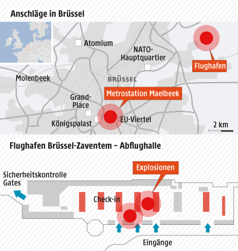 © Grafik: APA/ORF.at; Quelle: APA Eine Grafik zeigt die Orte der Terroranschläge in Brüssel