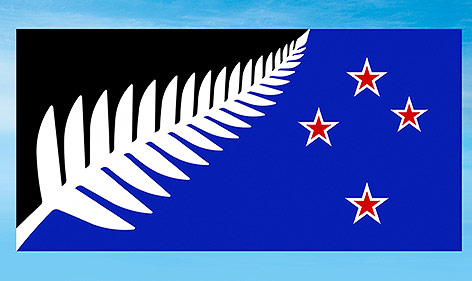 Neue Flagge Neuseelands mit einem Silberfarn und Sternen