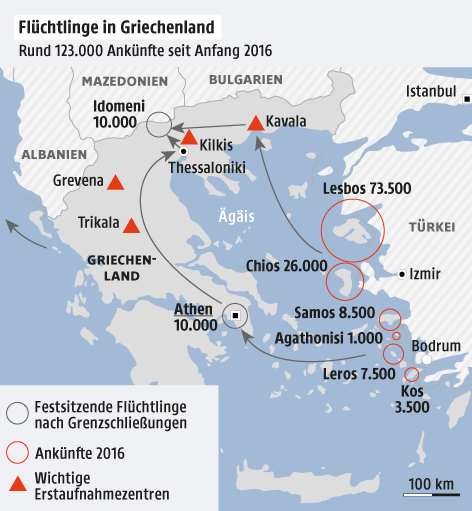 © Grafik: APA/ORF.at; Quelle: APA/UNHCR Eine Grafik zeigt Orte mit festsitzenden Flüchtlingen in Griechenland