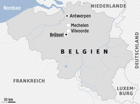 © APA/ORF.at Karte zeigt Belgien und die Städte Brüssel, Mechelen, Antwerpen und Vilvoorde
