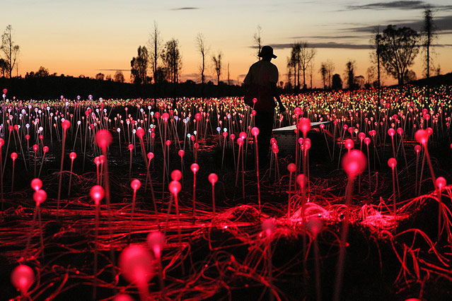© www.dam.voyages.com.au Das Projekt "Field of Light" des britischen Lichtdesigners Bruce Munro vor dem Ayers Rock in Australien