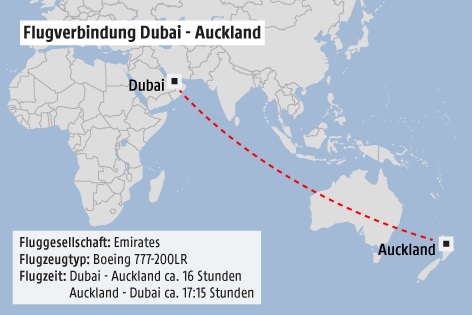 Karte zeigt den Streckenverlauf des Flugs Auckland - Dubai