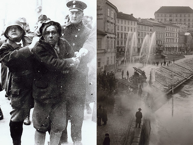 Links: Abführung eines Schutzbündlers, Februar 1934, Rechts: Vorführung von Autospritzen der Firma Rosenbauer an der Oberen Donaulände, 1930 