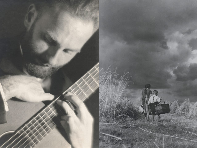 Links: Mann mit Gitarre, Rechts: "Erntezeit" zeigt zwei Kinder auf einer Weide, Juli 1936


