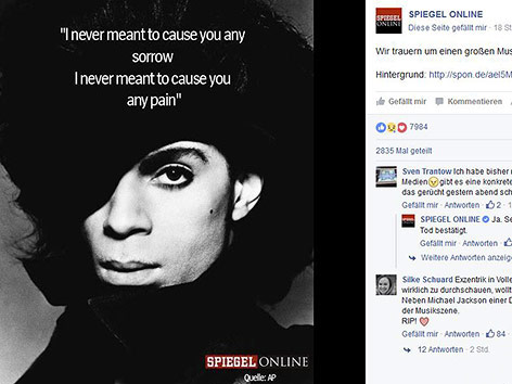 © Screenshot von Facebook der Seite Spiegel Online Prince Nachruf auf Facebook