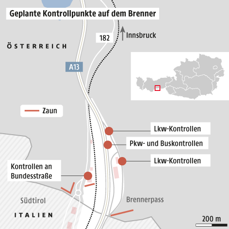 © Grafik: APA/ORF.at; Quelle: APA/Landespolizeidirektion Karte zu Kontrollpunkten auf dem Brenner