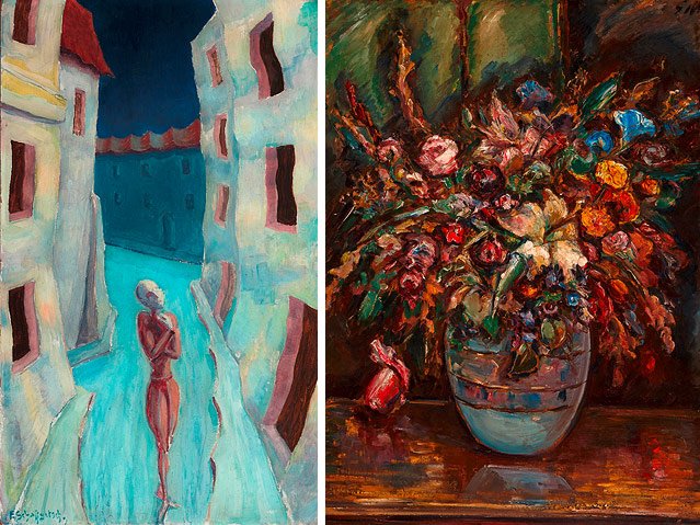 © Salzburg Museum Links: Ölgemälde von Franz Schaffgotsch - Traumwandler, rechts Ölgemälde von Elfriede Mayer - Blumen in Vase