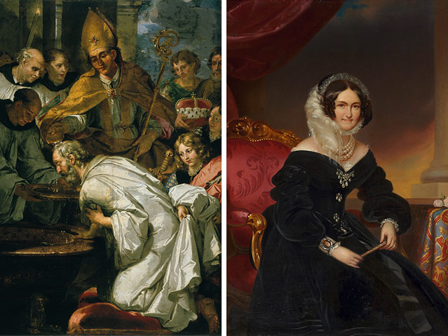 © Salzburg Museum Links: Ölgemälde der Taufe des Bayernherzogs Theodo durch den Hl. Rupert
Frans de Neve, rechts: Ölgemälde von Johann Rauzi nach Franz Schrotzberg - Porträt der Kaiserin-Witwe Caroline Auguste;