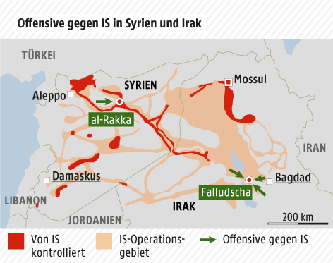 © Grafik: APA/ORF.at; Quelle: APA/ISW Karte von Syrien und Irak zeigt die vom IS kontrollierten Gebiete und Angriffe auf den IS