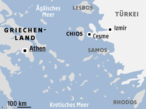 © APA/ORF.at Karte zeigt die griechische Insel Chios und den türkischen Ort Cesme