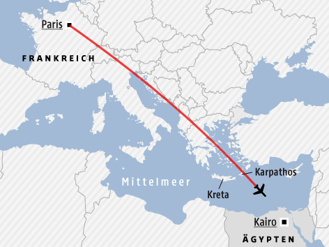 Karte zeigt Route des Flugs MS804 der EgyptAir