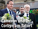 Der britische Premierminister David Cameron und Labour-Oppositionschef Jeremy Corbyn am Tatort