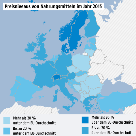 © Grafik: APA/ORF.at; Quelle: Eurostat Grafik zu den Preisniveaus von Nahrungsmitteln in Europa