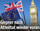 EU- und brtisiche Fahne vor Big Ben in London