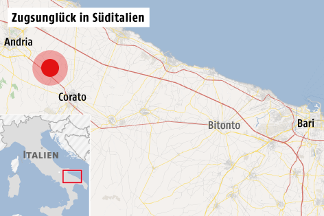 © Omniscale/OSM/APA/ORF.at Karte zeigt Ort des Zugsunglücks in Süditalien
