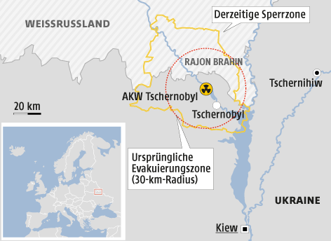 © Grafik: APA/ORF.at; Quelle: APA Eine Grafik zeigt die derzeitige Sperrzone um das AKW Tschernobyl und die ursprüngliche Evakuierungszone während des Atomunglücks vor 30 Jahren
