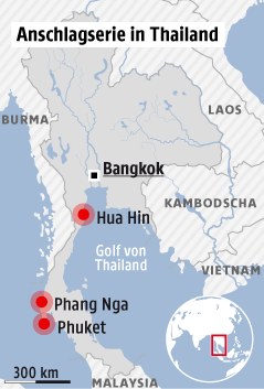 Karte zeigt die Anschlagssorte Hua Hin, Phuket und Surat Thani in Thailand