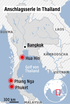 Karte zeigt die Anschlagssorte Hua Hin, Phuket und Surat Thani in Thailand
