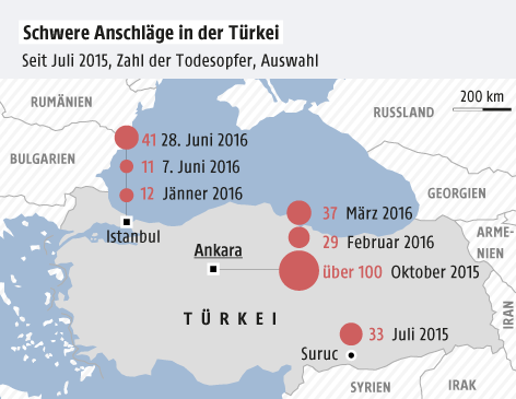 © Grafik: APA/ORF.at; Quelle: APA Grafik zu Anschlägen in der Türkei
