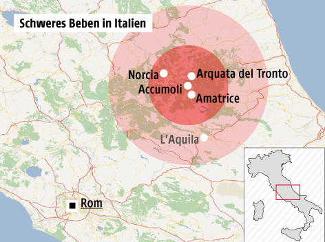 © Omniscale/OSM/ORF.at Karte zeigt die betroffenen Orte des Erdbebens in Italien