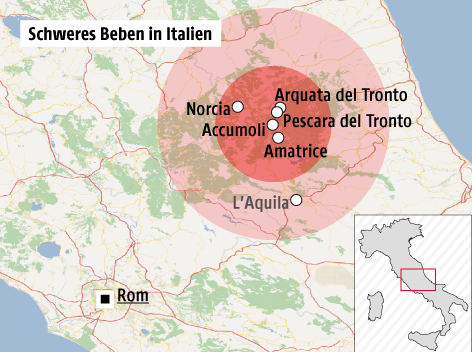 Karte zeigt die betroffenen Orte des Erdbebens in Italien