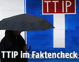 Person mit Schirm geht an einem TTIP-Protestschild vorbei
