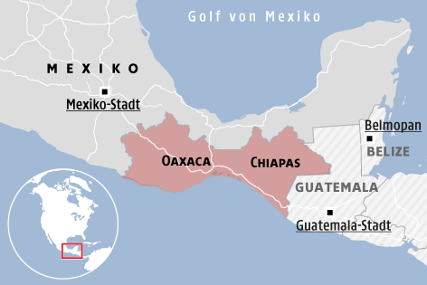 Karte zeigt die mexikanischen Bundesstaaten Oaxaca und Chiapas
