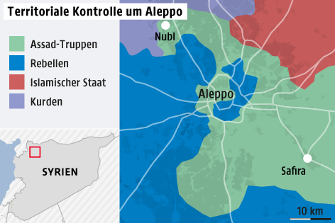 © Grafik: APA/omniscale/OSM/ORF.at; Quelle: APA/BBC Karte zeigt territoriale Kontrolle um Aleppo