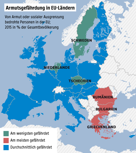 © Grafik: APA/ORF.at; Quelle: Eurostat Karte zur Armutsgefährung in EU-Ländern