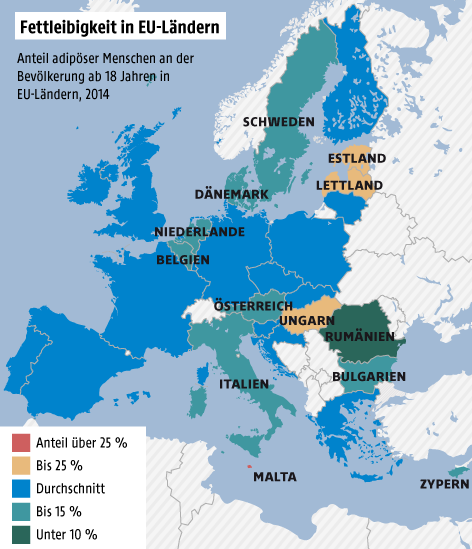 © Grafik: APA/ORF.at; Quelle: Eurostat Karte zur Fettleibigkeit in der EU